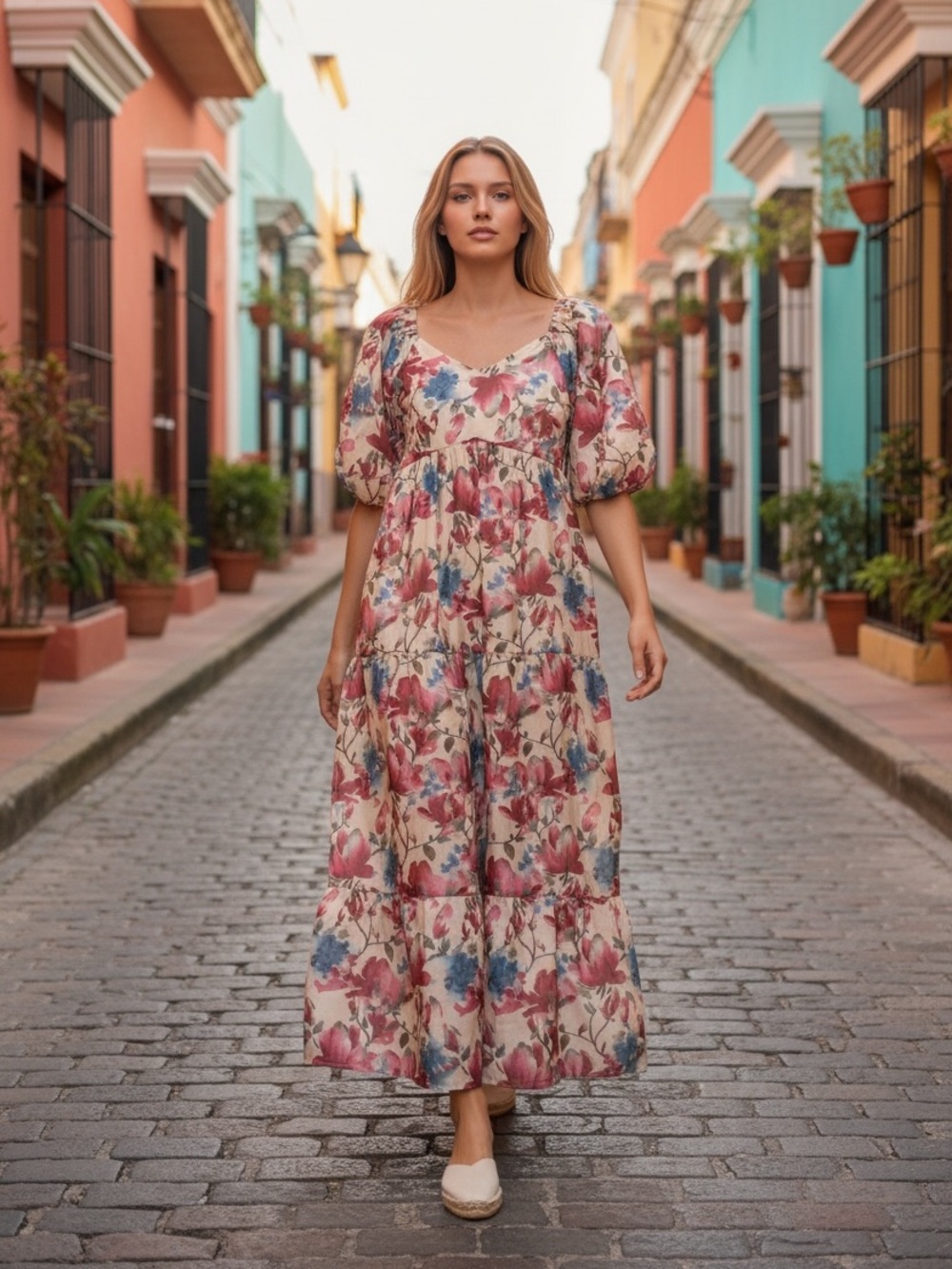 173 • Amelia Botanical Puff-Sleeve Maxi Dress Empire Waist